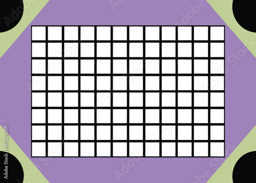 A white rectangular grid with black outlines sits on a purple field with black circular elements and pale green shapes in the outer corners.