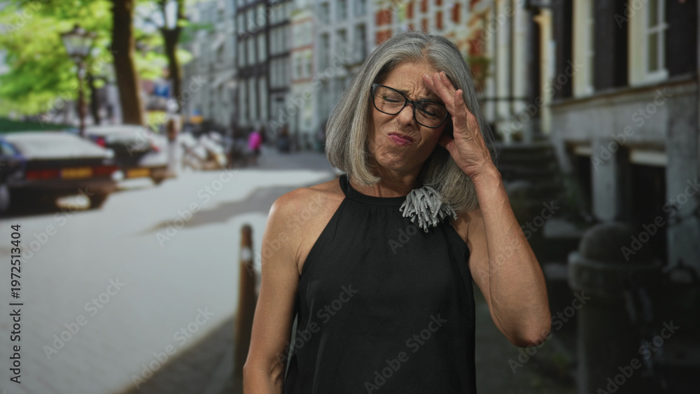 Fototapeta premium Woman with hand on forehead on street in city wearing glasses and black sleeveless dress; concern uncertainty.