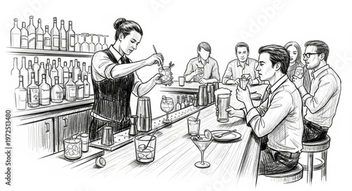 Bartender crafting cocktails for patrons at a busy bar.