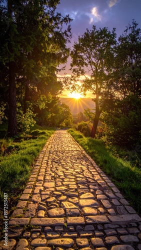 Serene Cobblestone Pathway Through Lush Green Forest at Sunset