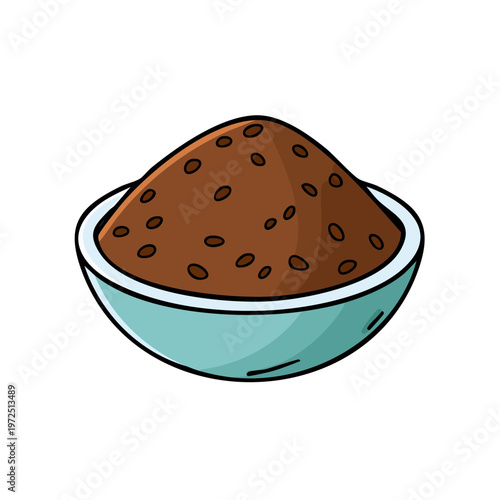 Bowl of cocoa powder with visible cocoa beans, hand-drawn illustration