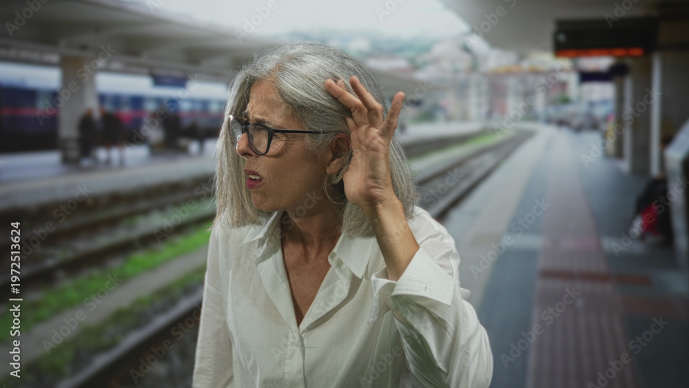 Fototapeta premium Woman holding hand to ear and wearing glasses on a train platform inside a station building; frustration hearing difficulty.