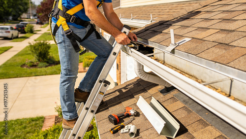 Gutter Guard Installation Technician on Roof with Safety Harness
