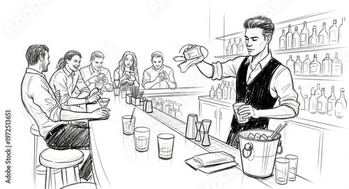 Bartender expertly crafting cocktails for patrons at a busy bar.