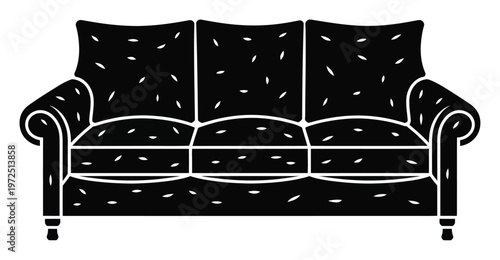 Black Silhouette of a Tufted Three-Seater Sofa with Rolled Arms