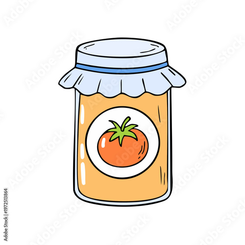 Hand drawn cartoon jar of orange jam with a tomato label isolated on white