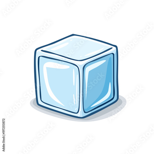 Illustrative Cartoon of a Single Clear Ice Cube with Blue Edges and a Shadow