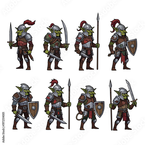 Collection of Eight Pixel Art Goblin Warriors with Weapons and Shields.