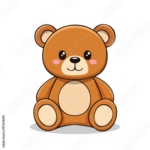 Cute brown teddy bear cartoon sitting with blush cheeks and friendly smile