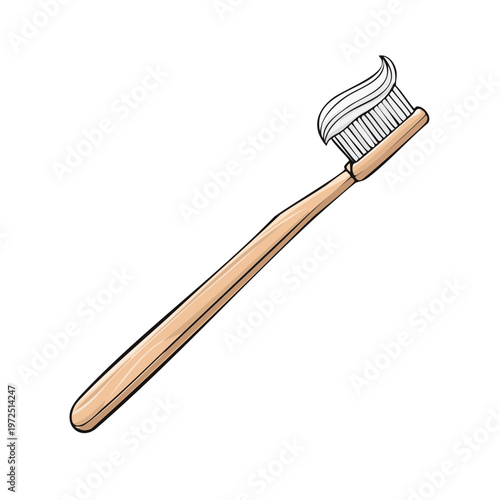 Wooden toothbrush with toothpaste swirled on bristles, hygiene concept