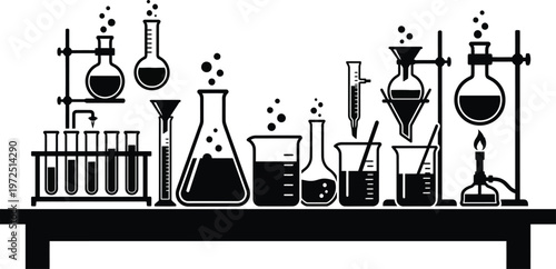 Silhouette Composition of Laboratory Glassware and Bunsen Burner
