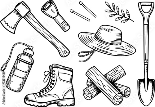 Hand Drawn Camping Gear Axe Water Bottle Boots Hat Flashlight Matches Logs Shovel