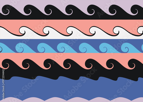 Six horizontal bands of stylized curling waves are displayed in a variety of colors including black white blue and peach.