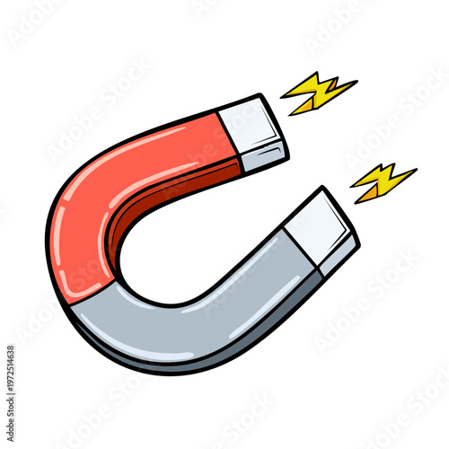 Horseshoe magnet with red and gray poles emitting yellow lightning bolts symbolizing attraction and energy