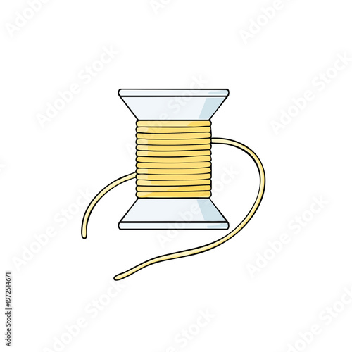 Yellow thread wound around a white plastic bobbin with loose ends hanging