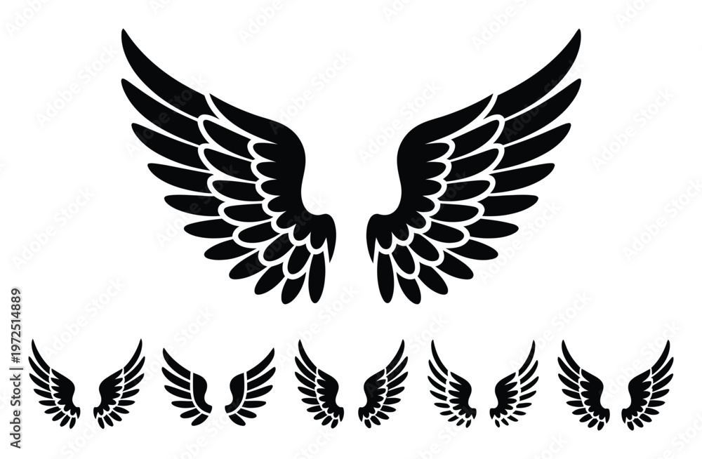 Fototapeta premium Collection of Black Angel Wings Silhouettes on White Background