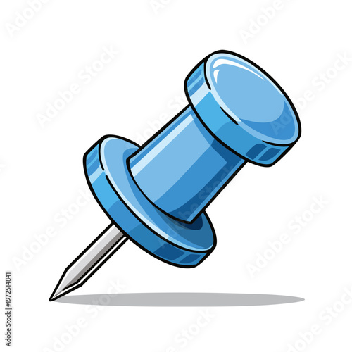 Bright Blue Pushpin Illustration Pointed Downward with Shadow