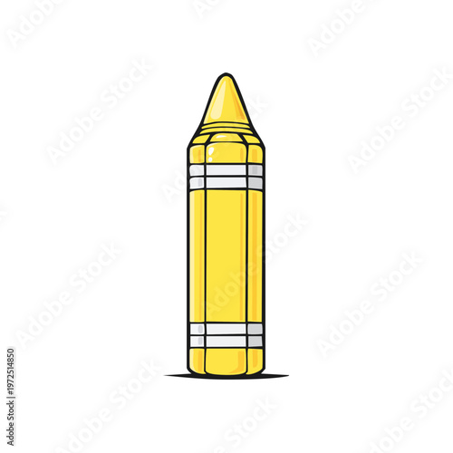 Bright Yellow Crayon With White Stripes Stands Tall Against White Background