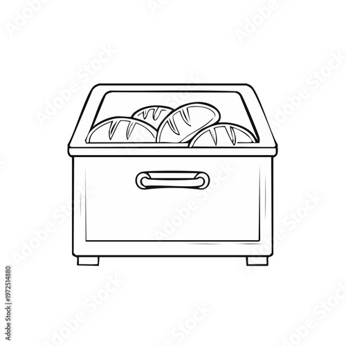 Outline drawing of a bread box filled with loaves of bread