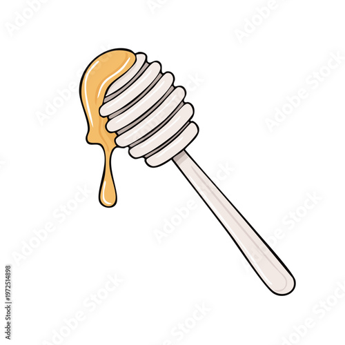 Wooden honey dipper dripping golden liquid natural sweetener food ingredient