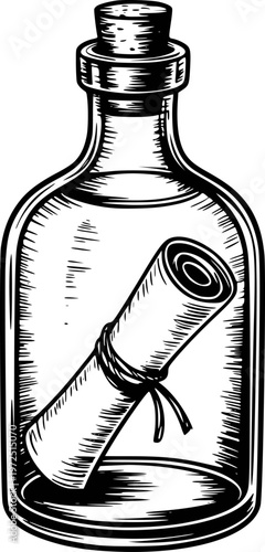 Vintage glass bottle with cork stopper holding a rolled parchment message tied with string