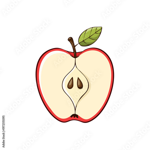 Halved Red Apple with Seeds and Leaf Vector Illustration