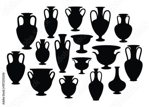 Collection of Black Silhouette Ancient Greek Amphorae and Vases