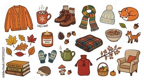 Cozy Autumn Vibes Collection: Warm Sweater, Hot Drink, Books, Fox, and Fall Leaves Illustration for Seasonal Decor and Lifestyle Content