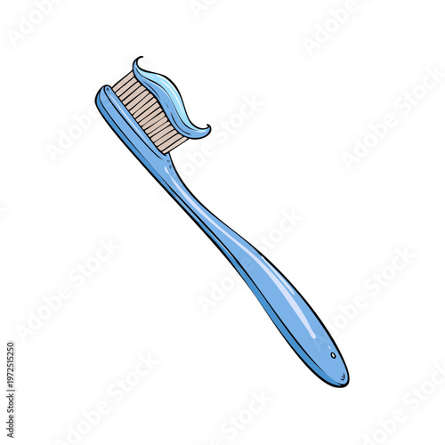 Blue toothbrush with mint toothpaste swirl on bristles, dental hygiene tool isolated