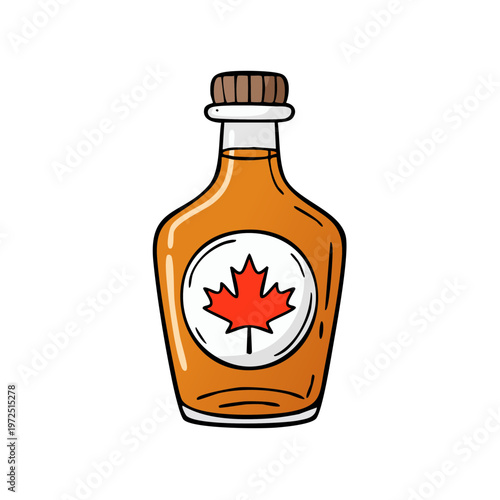 Illustration of a bottle of maple syrup with a red maple leaf label