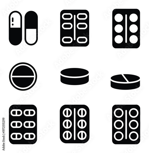 Black and White Pill Icons Vector Illustration