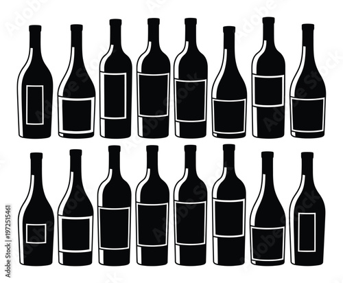 Collection of Black Silhouette Wine Bottles with Labels