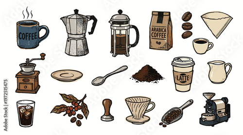 Collection of coffee brewing equipment and ingredients for making delicious coffee drinks at home or cafe