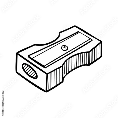 Hand Drawn illustration of a classic pencil sharpener in black and white with simple clean lines