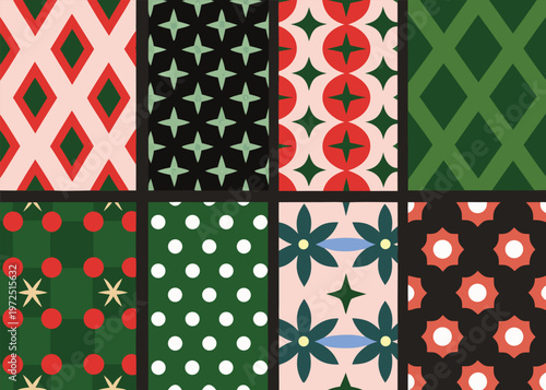 Eight rectangular panels displaying repeating geometric and floral patterns with a palette of green red black pink and white colors.