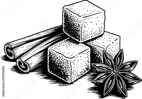 Vintage Style of Sugar Cubes Cinnamon Sticks and Star Anise White Background