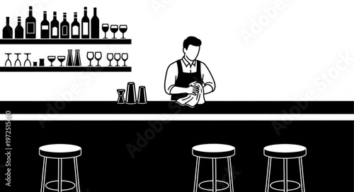 Bartender Wiping Glassware Behind Bar Counter with Stools.