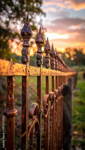 Rusty Iron Fence Against a Colorful Sunset Sky in a Calm Setting