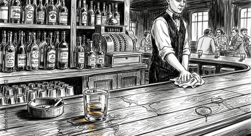 Bartender Wiping Down Bar with Glass and Ashtray.