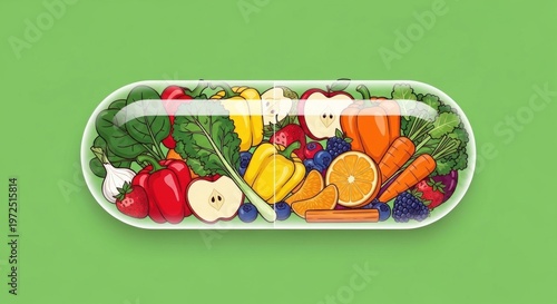 A colorful fruit and vegetable capsule with various fruits and vegetables inside.