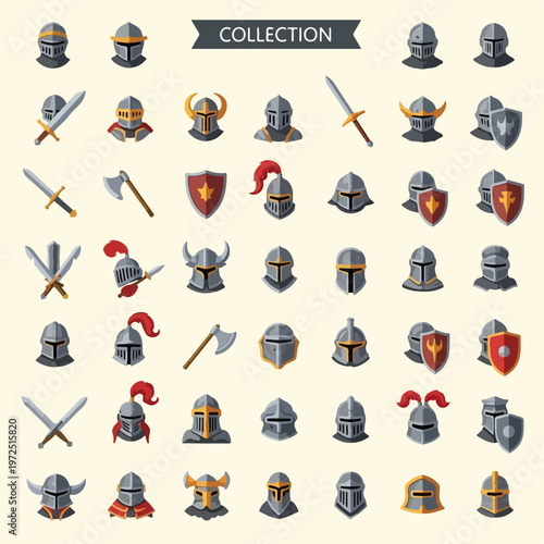 Collection of Medieval Knight Armor Helmets Swords and Shields Icons.
