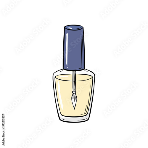 Open glass bottle of light yellow nail polish with applicator brush and blue cap isolated on white background
