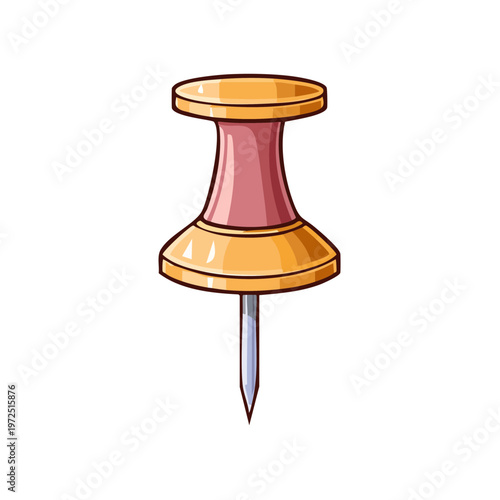 A shiny golden and pink pushpin with a sharp metal point for attaching items to surfaces