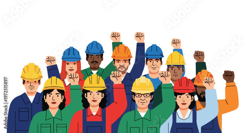 Diverse group of construction workers in hard hats and overalls raising fists in solidarity against a plain white background with a bold and determined mood.