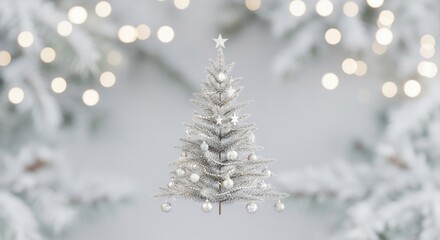 A small, white, frosted Christmas tree with silver ornaments and a star on top, surrounded by snow and fairy lights on a white background.
