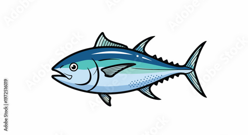 Illustration of a bluefin tuna with a white background, featuring a cartoon-style fish with shades of blue and green scales.