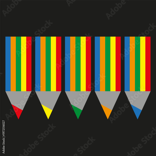 Rainbow pencil set. Colored tool Vector. Drawing equipment symbol. Five crayon detail. Manual vector only. No autotrace used.