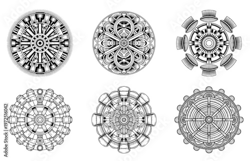 Mechanical mandala set, steampunk engine gears, industrial clockwork elements, tech circular ornament, machine parts vector illustration on white background