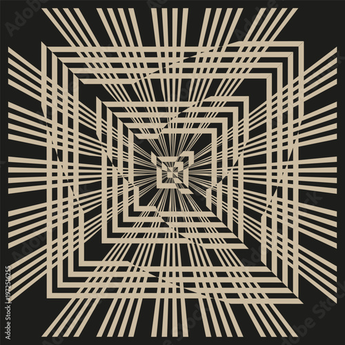 Geometric tunnel Vector. Brown square pattern. Perspective line art. Dark background design. Manual vector only. No autotrace used.