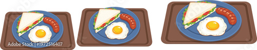 Breakfast meal tray with sandwich, fried egg and sausage cartoon food plate set vector illustration